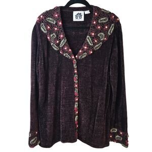 Storybook Knits Sweater Women's 1X Brown Chenille Green Red Floral Crochet